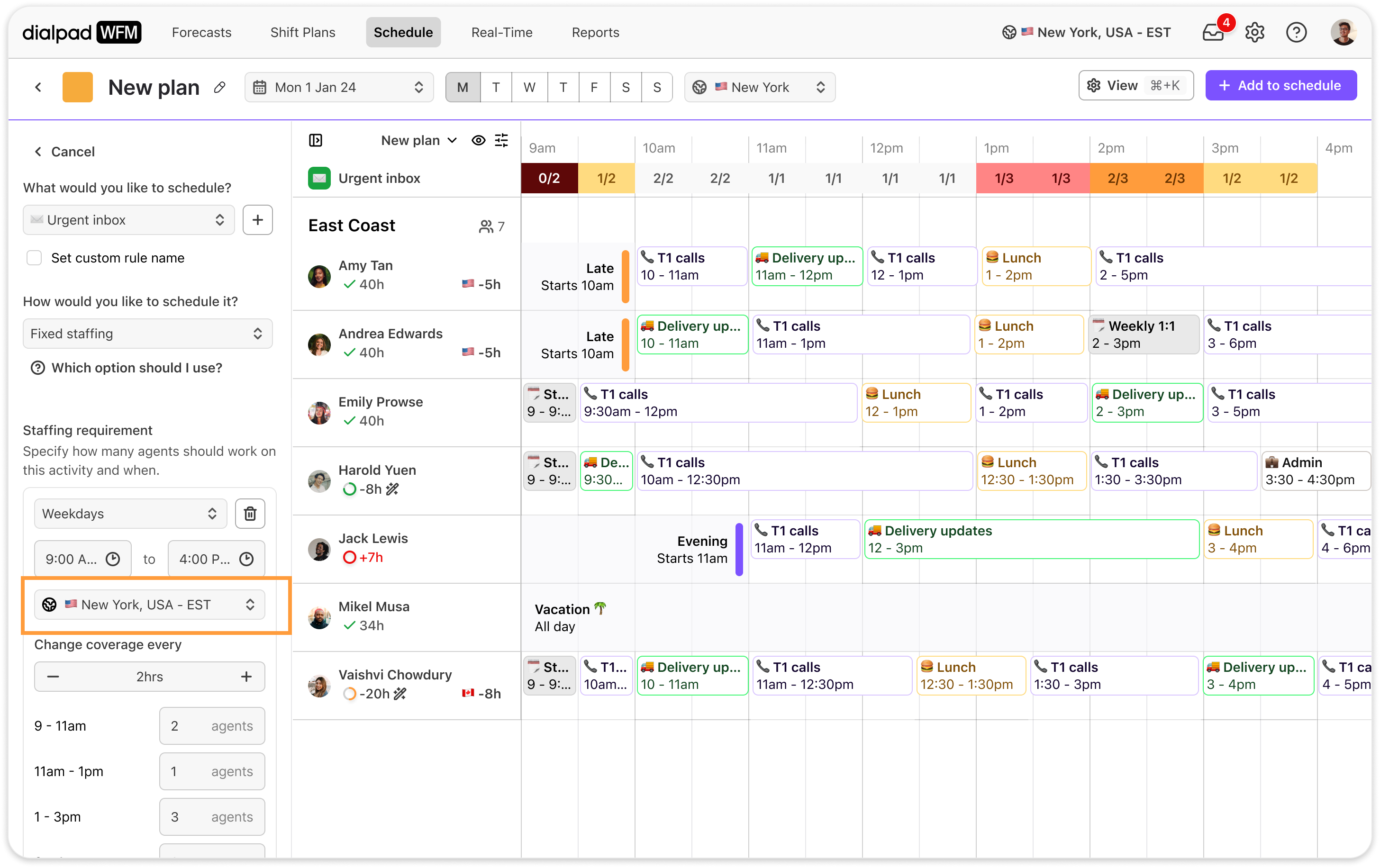 Schedule overview for agents in New York, including calls and lunch breaks.